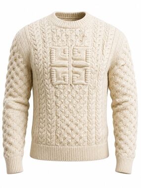 Givenchy Men's Cable Knit Crewneck Logo Sweater - Cream